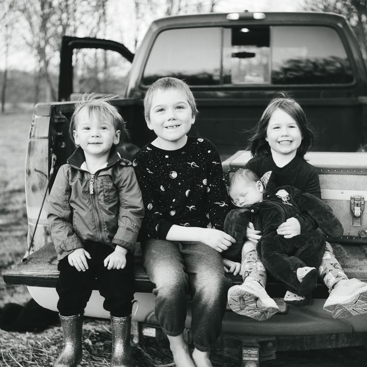 Jacob Abigail Ethan Isaac On Truck Bed Bw