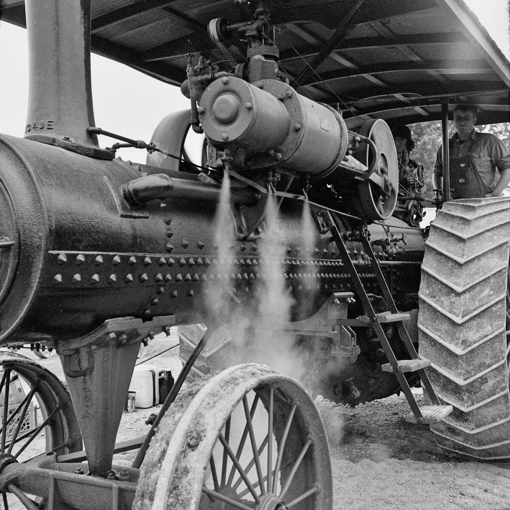 Steam tractor in black and white